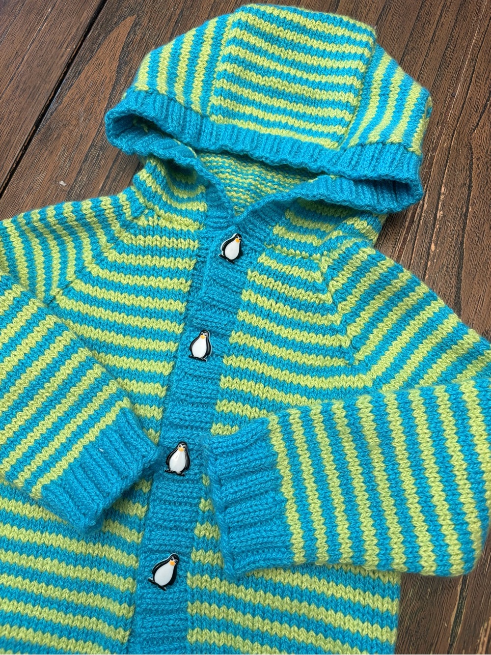2T Hand Knit Cardigan Sweater SO SOFT Penguin Buttons Striped Eclectic Kids